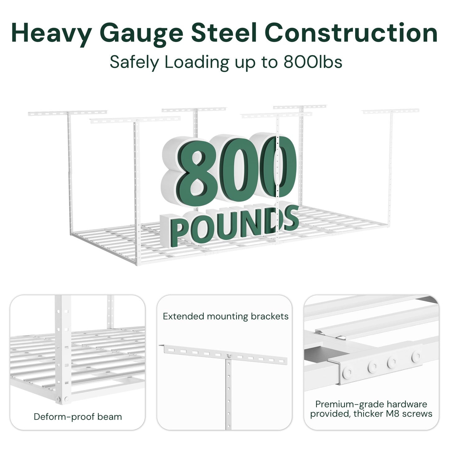 SunsGrove 4x8 Overhead Garage Storage Rack Organization, Adjustable Ceiling Mounted Storage Racks, 800LBS Weight Capacity, 22"-40" Ceiling Dropdown, White