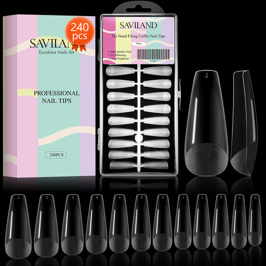 Saviland Matte Coffin Nail Tip – 240PCS No Need to File Acrylic Nail Tips Professional French Tips for Nail Extension Full/Half Cover Dual Use Matte Texture Press on Nails Pre-Shape 10 Sizes Salon DIY