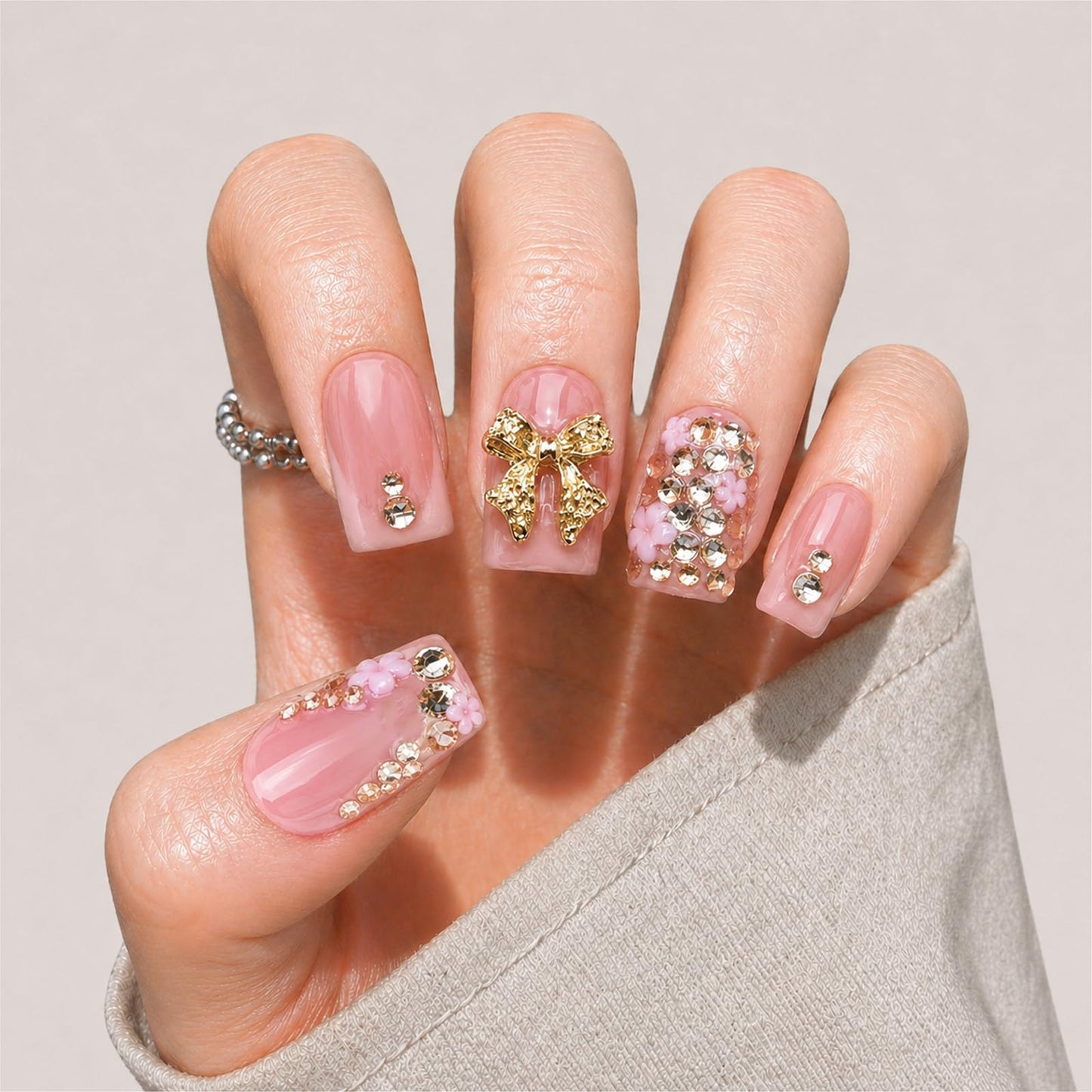 Threelegscat Short Handmade Square Pink Press on Nails Acrylic French Salon Quality Fake Nails 10 PCS with Pink 3D Gold Bow & Rhinestone Size M for Women & Girl,Daily Wear,Gift