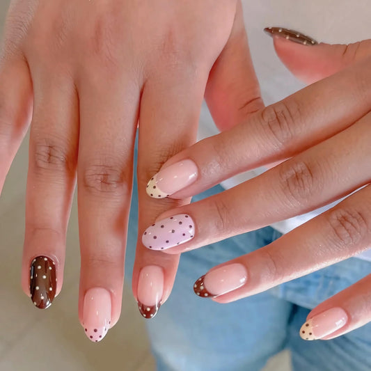 BABALAL Acrylic Press on Nails Short Almond Fake nails, Polka Dot, Brown Pink French Tip, Fall, Trendy, 24Pcs Glossy Full Cover Manicure False Nails with Glue