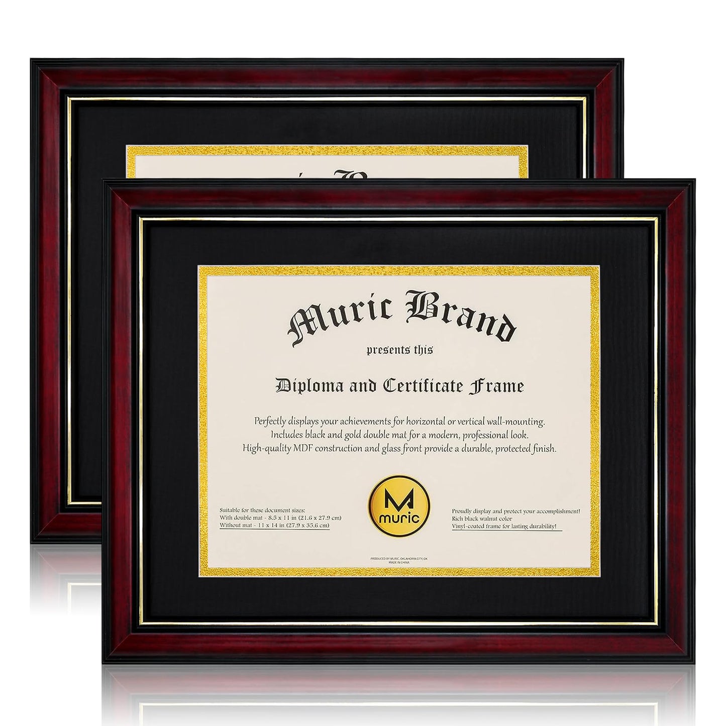Egofine Diploma Frames 8.5 x 11 with Mat Set of 2 Solid Wood Degree frame Covered by Plexiglass, Certificate Frame 11x14 Without Mat, Picture Frame for Wall and Tabletop, Cherry Red with Gold Edge