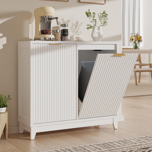 Double Tilt Out Trash Can Cabinet with Odor Control, Outlets, Fluted Trash Cabinet 13 Gallon Hidden Bin Storage, Modern Kitchen Cabinet with Soft-Close Door, Laundry Hamper Cabinet for Bathroom