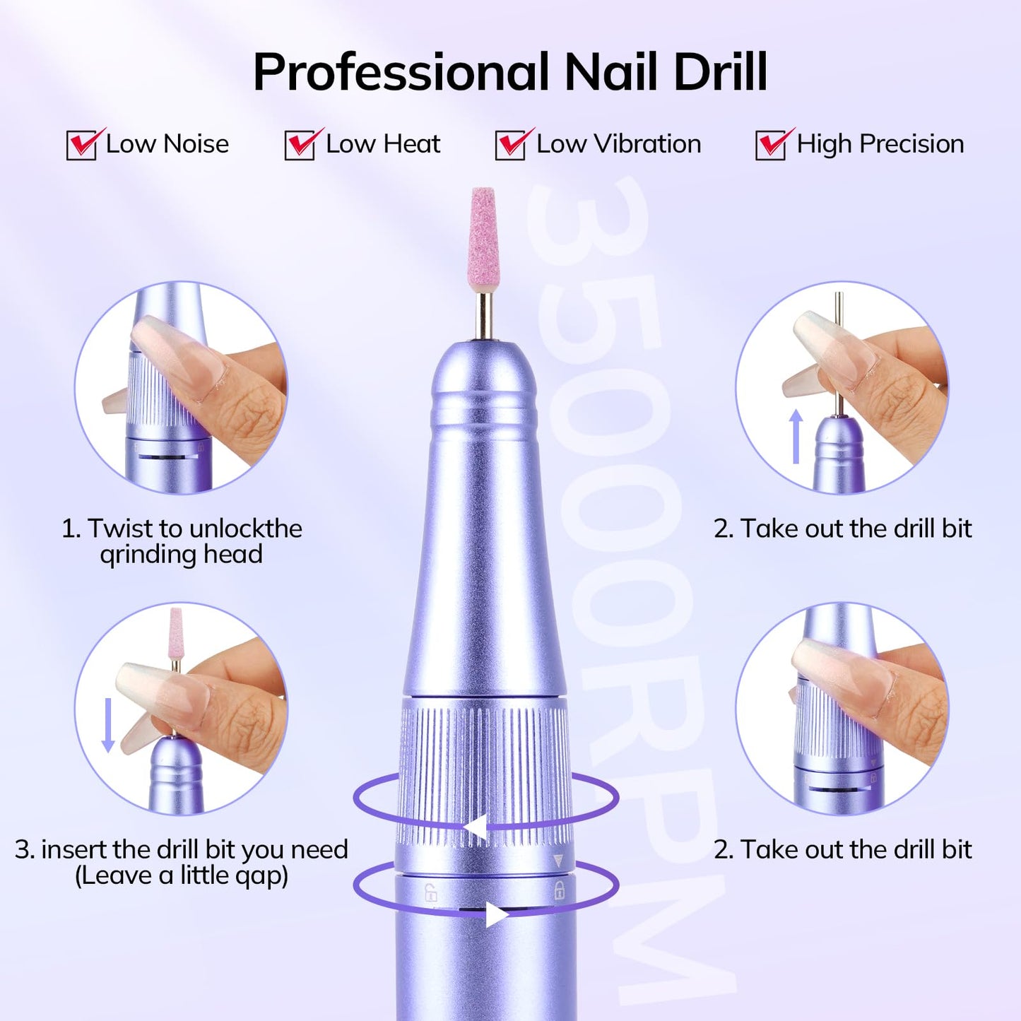 Lavinda Professional Nail Drill 35000 RPM, Cordless Electric Nail File Efile for Acrylic and Gel Nails, Manicure Pedicure Polishing Tool for Salon and Home Use (Purple)
