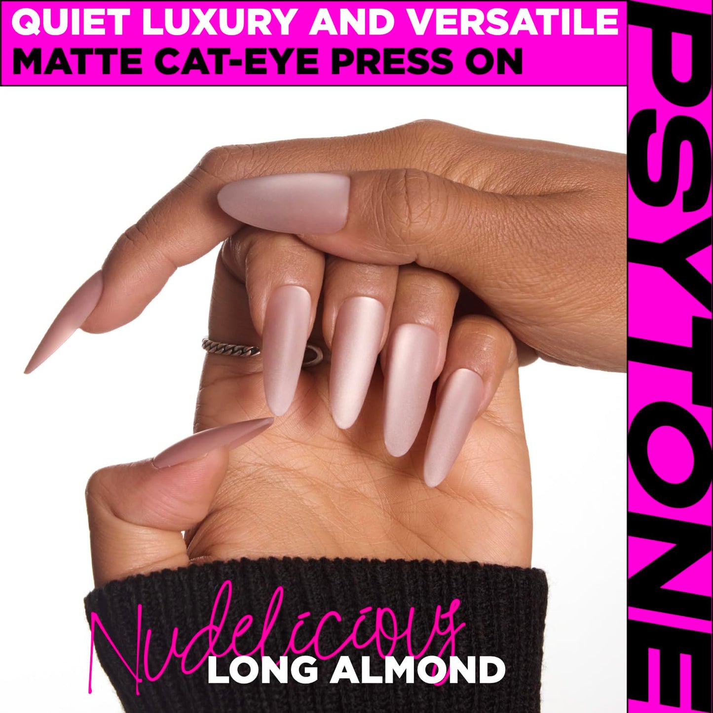 PSYTONE Matte Cat Eye Long Stiletto Press On Nails|15 Sizes - 30 Nail, Frosted Nude Pink Reusable Fake Nails Kit with Glue & Tools, Velvet Matt Finish for Women, Wedding, Daily Wear