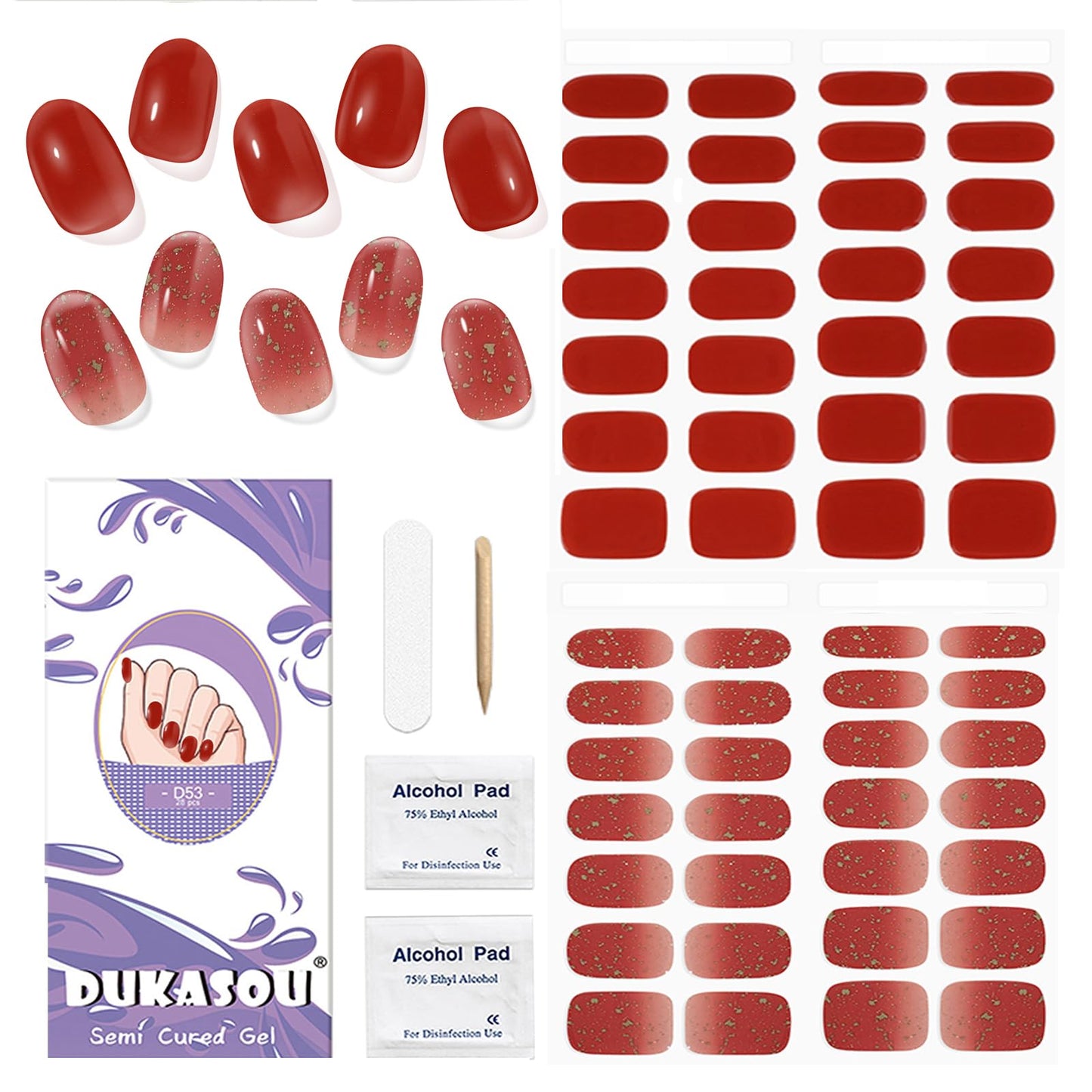 DUKASOU Semi Cured Gel Nail Strips, 56Pcs Red New Years Nail Art Stickers/Wraps, Long Lasting UV Nail Polish Strips for Adults(Red Foil+Caramel)