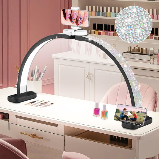 HITTI 31in Large Half Moon Light for Nail Desk, Foldable, Phone Stand, LED Adjustable Brightness and Color, 48W, Arch Nail Tech Table Lamp for Manicure, Craft, Art, Jewelry Making (Crystal Diamond)