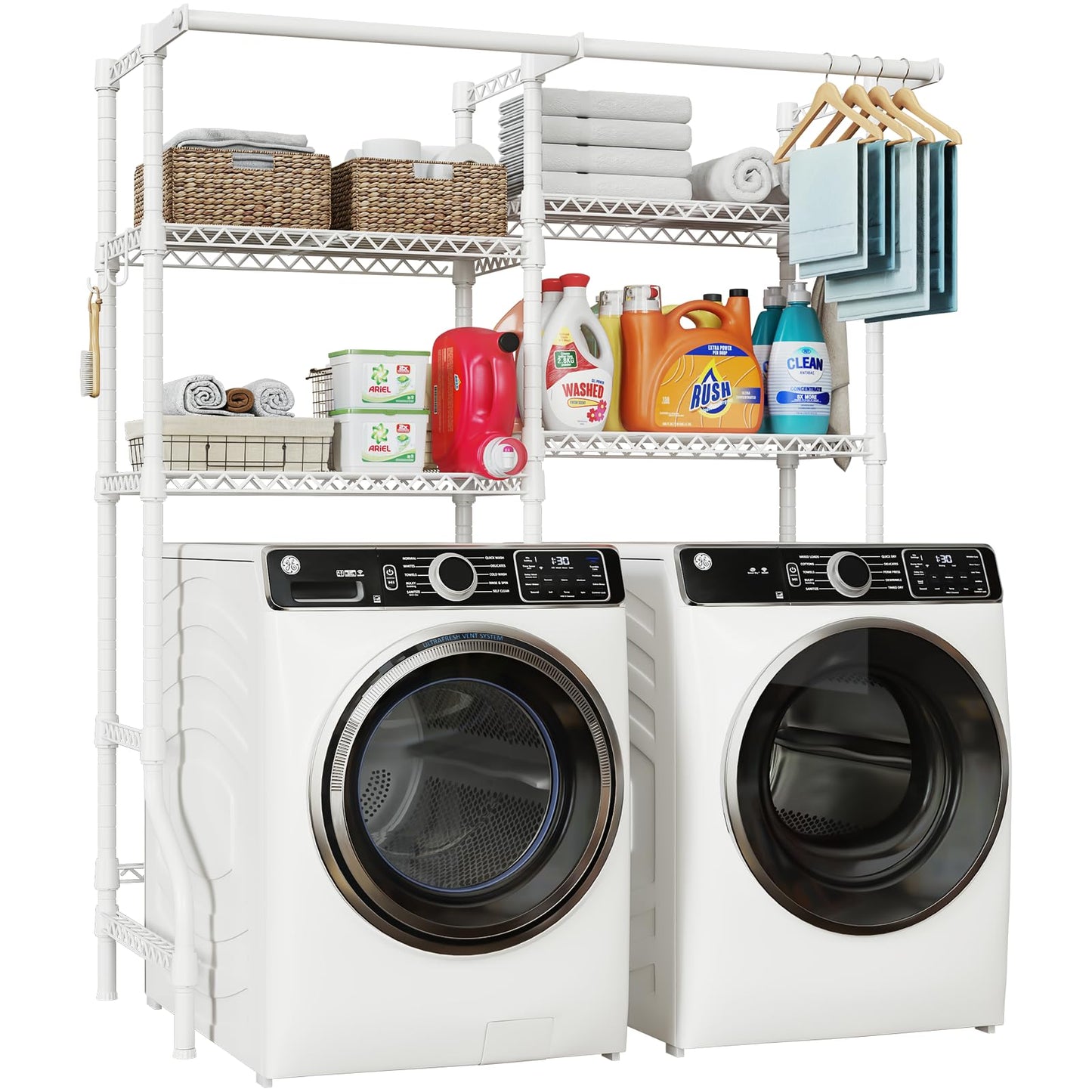 ULIFHOME U14 Over Washer and Dryer Storage Shelves, 4 Tiers Laundry Room Storage and Organizer System, Space Saving Clothes Drying Rack with 2 Clothes Hanger Rods, 66.5" W x 20.5" D x 77.4" H, White