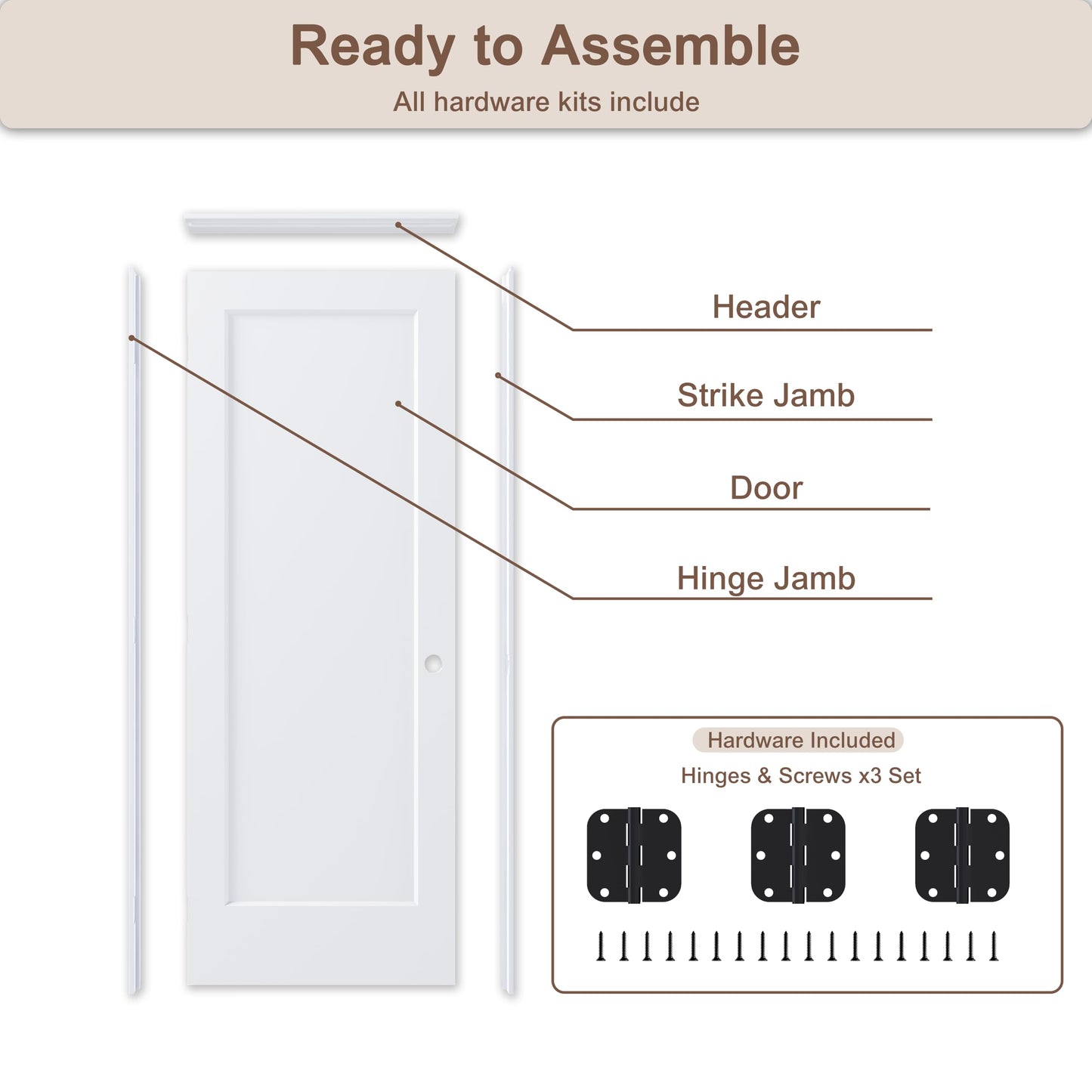 JUBEST 36"x80" Right-Hand Prehung Interior Door with Knock Down Jamb Kit & Matte Black Hinges, 1-Panel White Primed Hollow Core Molded Door Slab with Bore & Hinge Cutout, Durable & Sturdy, No Handle