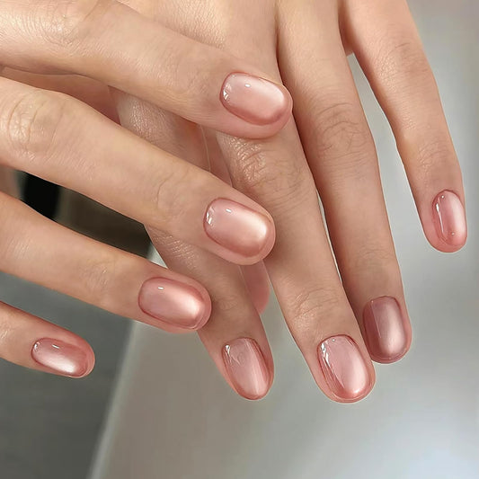HOSAILY Nude Pink Cat Eye Press on Nails Short Square Fake Nails with Magnetic Shimmer Sparkle Design, 24pcs Glossy Soft Gel Glue on Nail Coffin, Salon Quality Stick on Nails Press Ons for Women