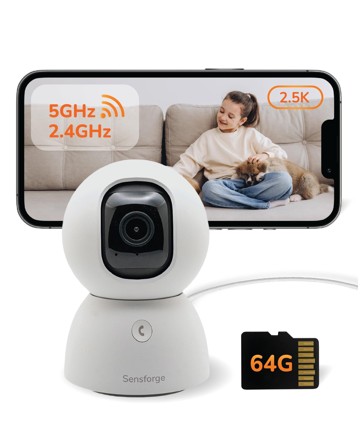 SensForge 2.5K Pan-Tilt Security Camera, 360° Dual-Band WiFi Camera for Home, Free AI Human & Pet Detection, 2-Day Cloud + 64GB SD Storage, Two-Way Talk, Optional AI + Storage Upgrade (1, White)