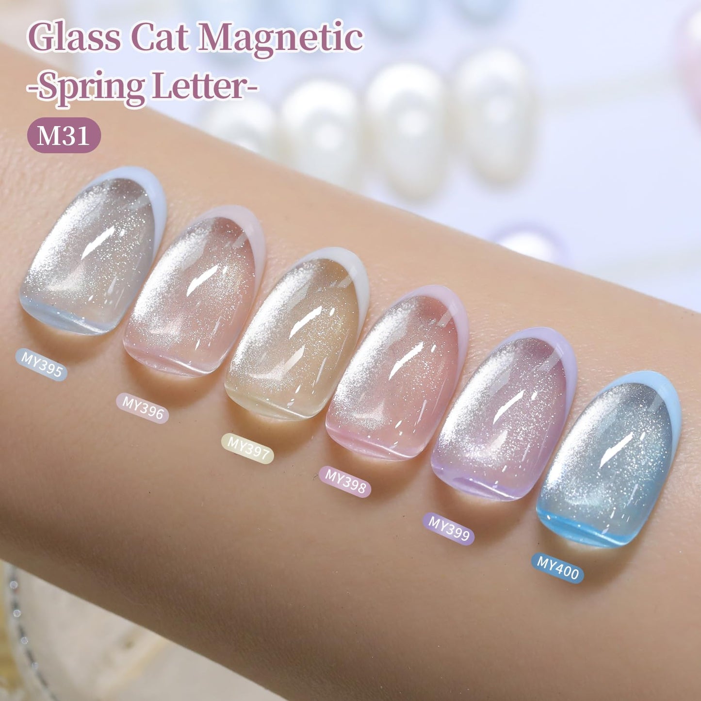 Born Pretty Spring Summer Cat Magnetic Eye Gel Nail Polish Set, 6 Colors Water Light Jelly Pastel Shimmer Glitter Glass Crystal Magnetic Gel Polish, Soak Off U V Gels for Salon DIY 7ML