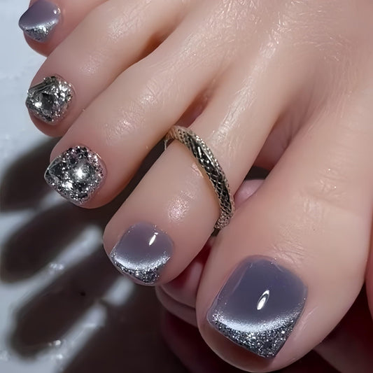 24Pcs Sliver Glitter Press on Toenails Short Square Fake Toe Nails Gray Purple Toenail Press ons Sparkling Glossy Acrylic Toe Press on Nails Full Cover Reusable Stick on Toenails for Women