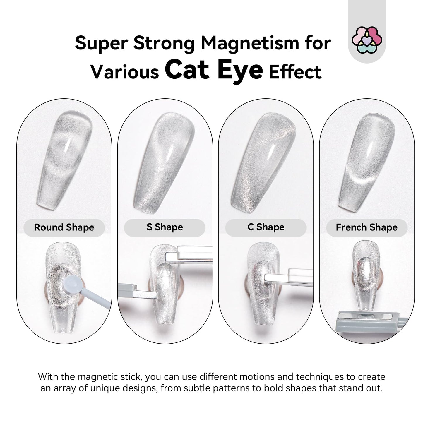 SAVILAND Cat Eye Magnet for Nails: 9PCS Cat Eye Gel Nail Polish Magnet Nail Art Tools Strong Nail Magnet Cateye Square Round Magnet Stick French Cat Eye Effect Double Ended Home DIY Salon Use