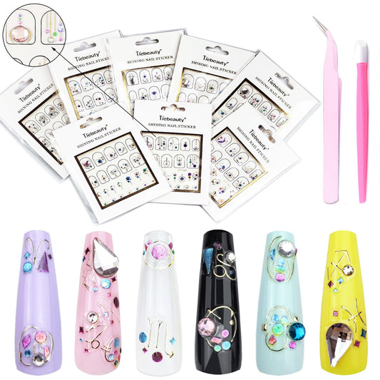 8 Sheets 3D Nail Art Stickers Diamond Heart Round Luxury Self-Adhesive Nail Decals Rhinestones Heart Design Gold Line Glitter Gems Pink White Purple Blue Colorful