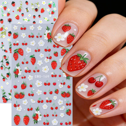 CJDLTS 2 Sheets Strawberry Flower Nail Art Stickers 3D Self -Adhesive Cute Strawberry White Floral Nail Decals Holographic Spring Nails Stickers for Women Summer Acrylic Nails Decoration Supplies