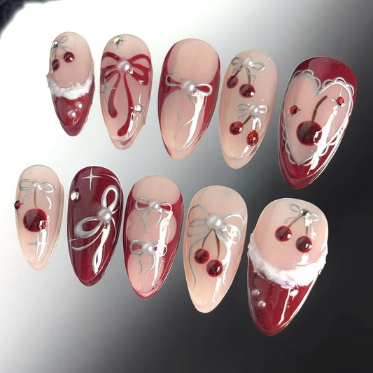 30Pcs French Tip Press on Nails with Charms Medium Almond Fake Nails with Cherry Rhinestone Designs French Nails Press ons Cute Bow Pearl Stick on Nails Almond-Shaped Acrylic Nails for Women