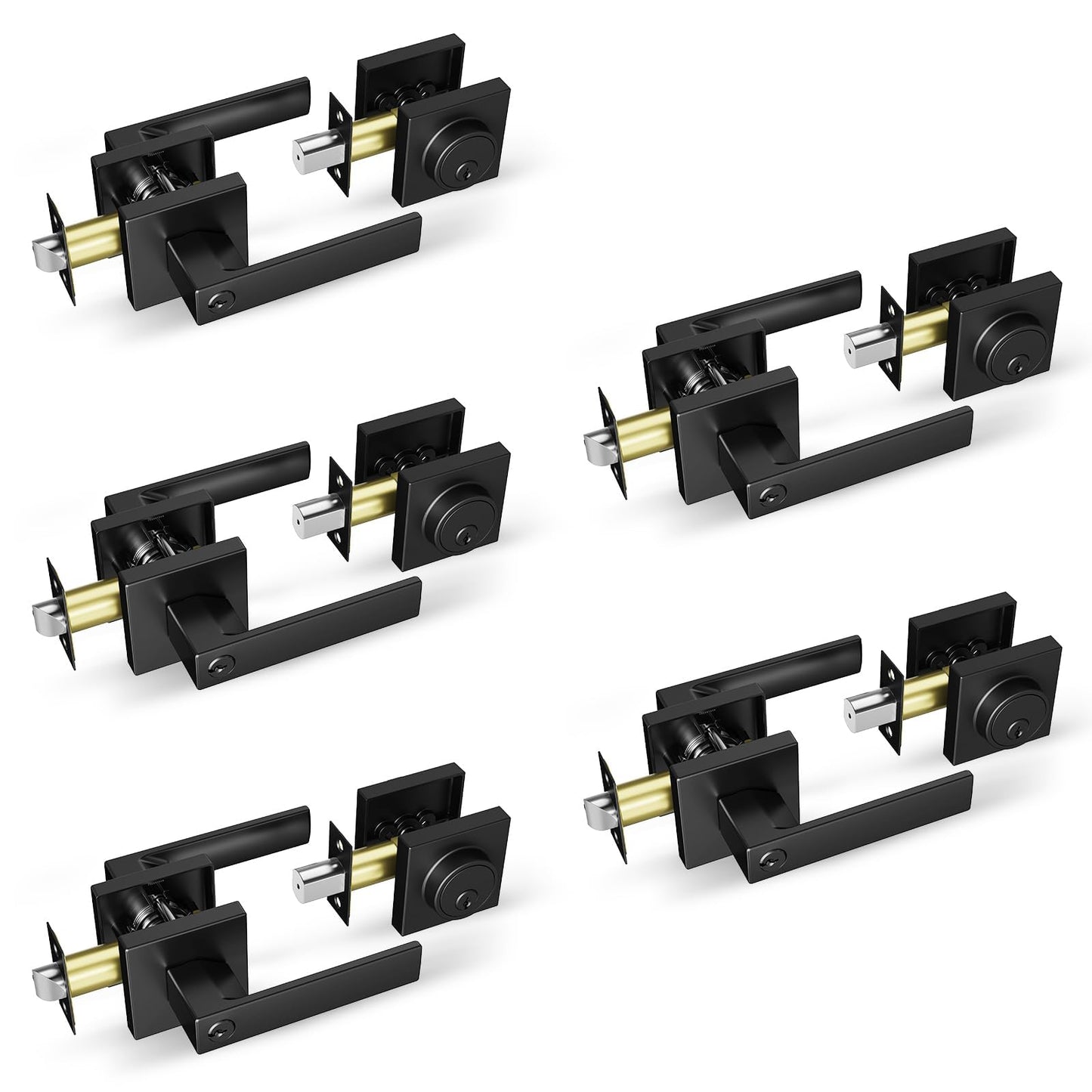 Cielsa Dawn Entry Lever Door Locks with Deadbolt - Modern Square Exterior Front Door Handle and Single Cylinder Deadbolt(Matte Black,5pack-Set)