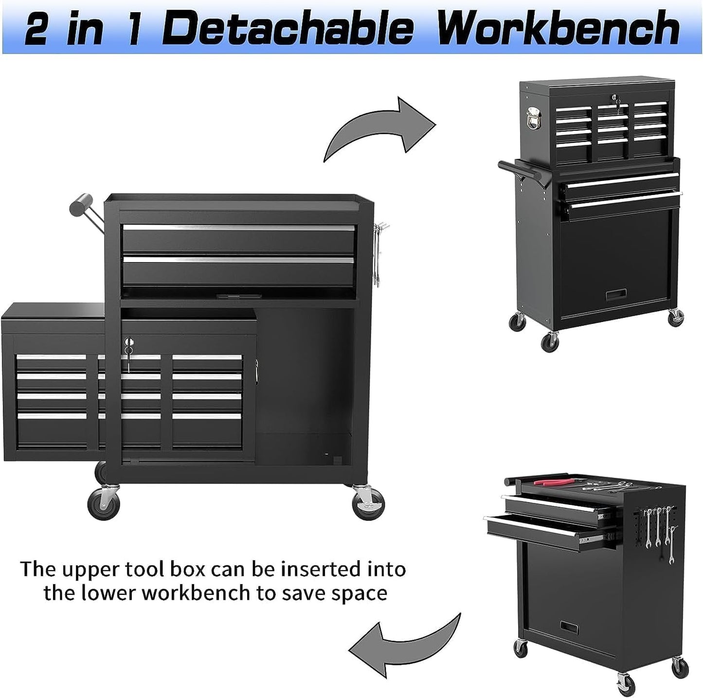 8 Drawer Rolling Tool Chest, High Capacity Tool Box with Lockable Wheels and Drawers, 2 in 1 Portable Toolbox Organizer Storage Cabinet For Garage, Warehouse, Repair Shop