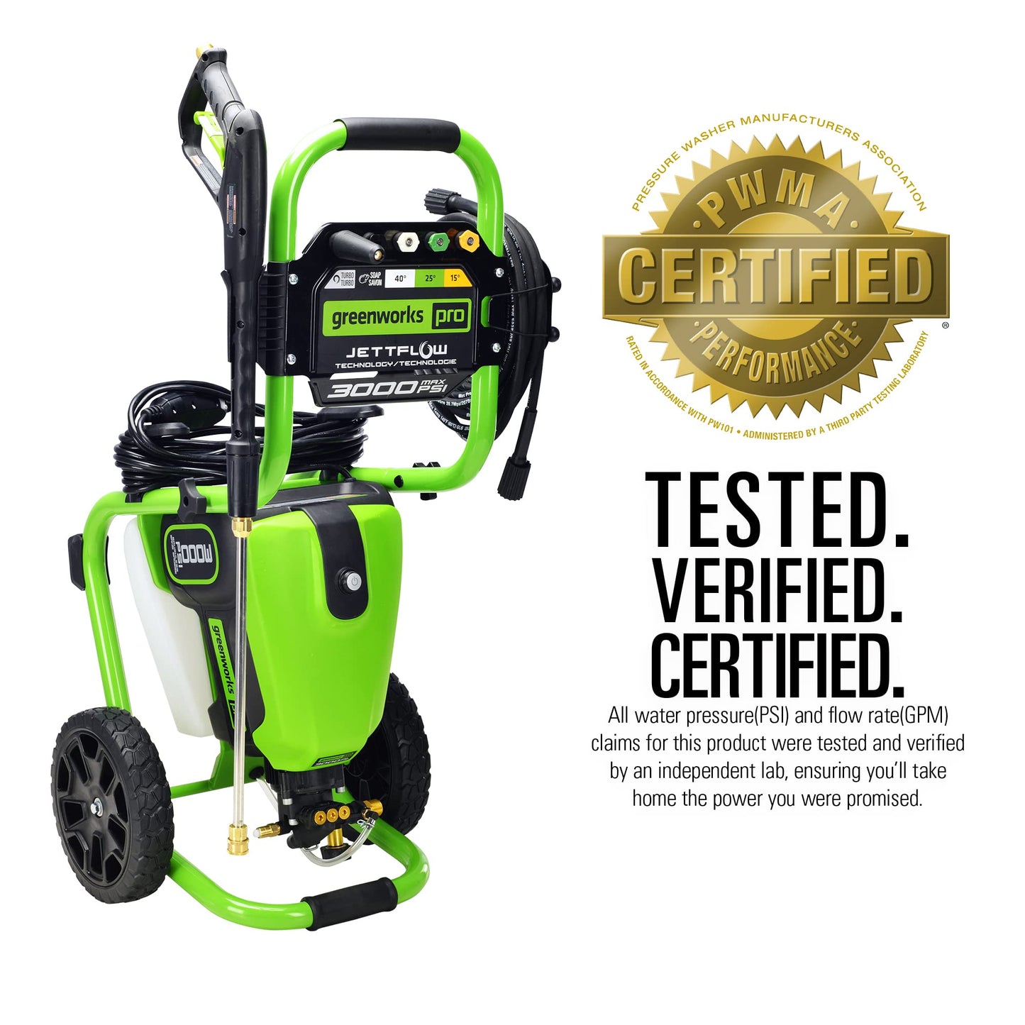 Greenworks Pro Brushless 3000 PSI (CSA Certified) 2.0 GPM Max / 1.1 GPM Electric Pressure Washer (Rugged Steel Frame, 25 FT Hose, 35 FT GFCI Power Cord)