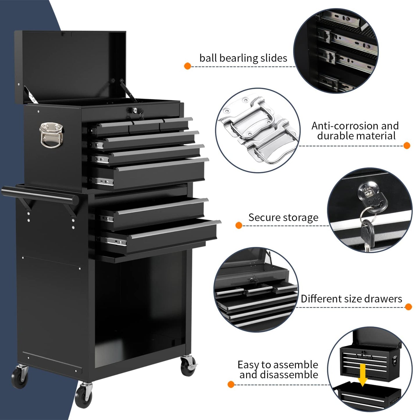 DYneeds 8-Drawer High Capacity Rolling Tool Box, Removable Cabinet Storage Tool Chest with Wheels and Drawers, Detachable Toolbox with Lock for Mechanics Garage Workshop and Tool Room (Black)