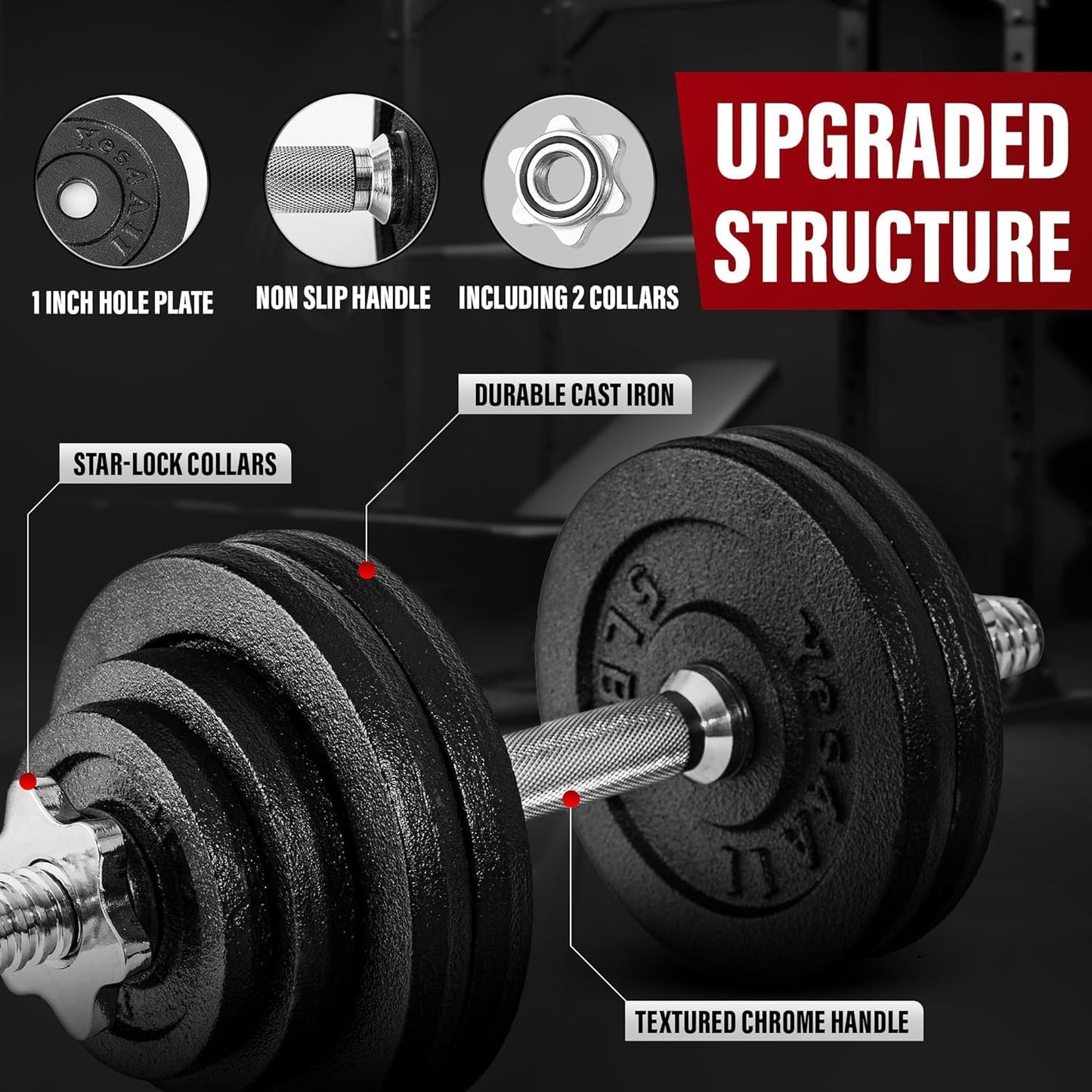 Yes4All 200 LB Adjustable Dumbbell Set, Cast Iron Weights for Home Gym with Bars, Plates, Collars, Hand Weights Dumbbells Set