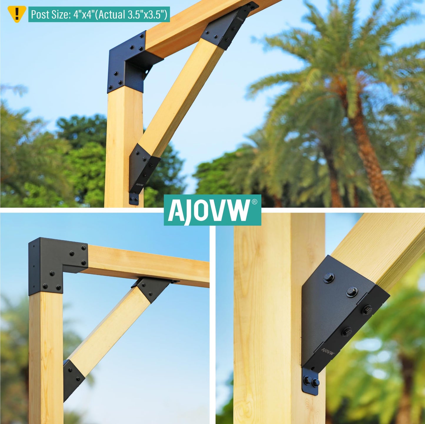AJOVW-8 PCE 45 Degree Angle Support Bracket for 2‘’x4‘’ Supporting Wooden Posts (Actual Size: 1.5‘’x3.5‘’) for Gazebos, Garages, Decks, Stables, Sheds, Patio and DIY Basketball Frame Scenes