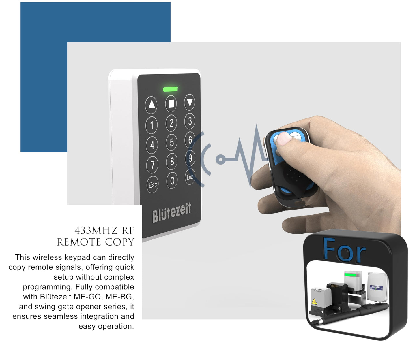 Blütezeit MS650 Solar Swing Gate Opener + Wireless Keypad Bundle – 1760 lb Dual-Arm Operator with Built-in 24 V Battery, 25W Solar Panel & IP54 Keypad