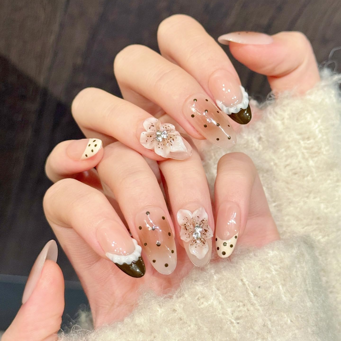 Handmade Press On Nails Medium Almond Nude Ppink Polka Dot French Carving Reusable Wedding Prom And Festival Gift Handmade Acrylic Press On Nails Aacrylic Nail (M)