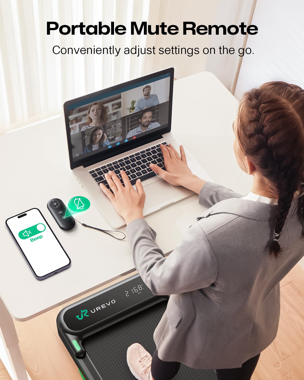 UREVO Strol 2E Smart 2-in-1 Folding Treadmill, Compact Walking Pad with Safety Handle, Plug and Play, Dual LED Display, Workout APP, Walking or Running for Home Office, Remote Included, Flaxen