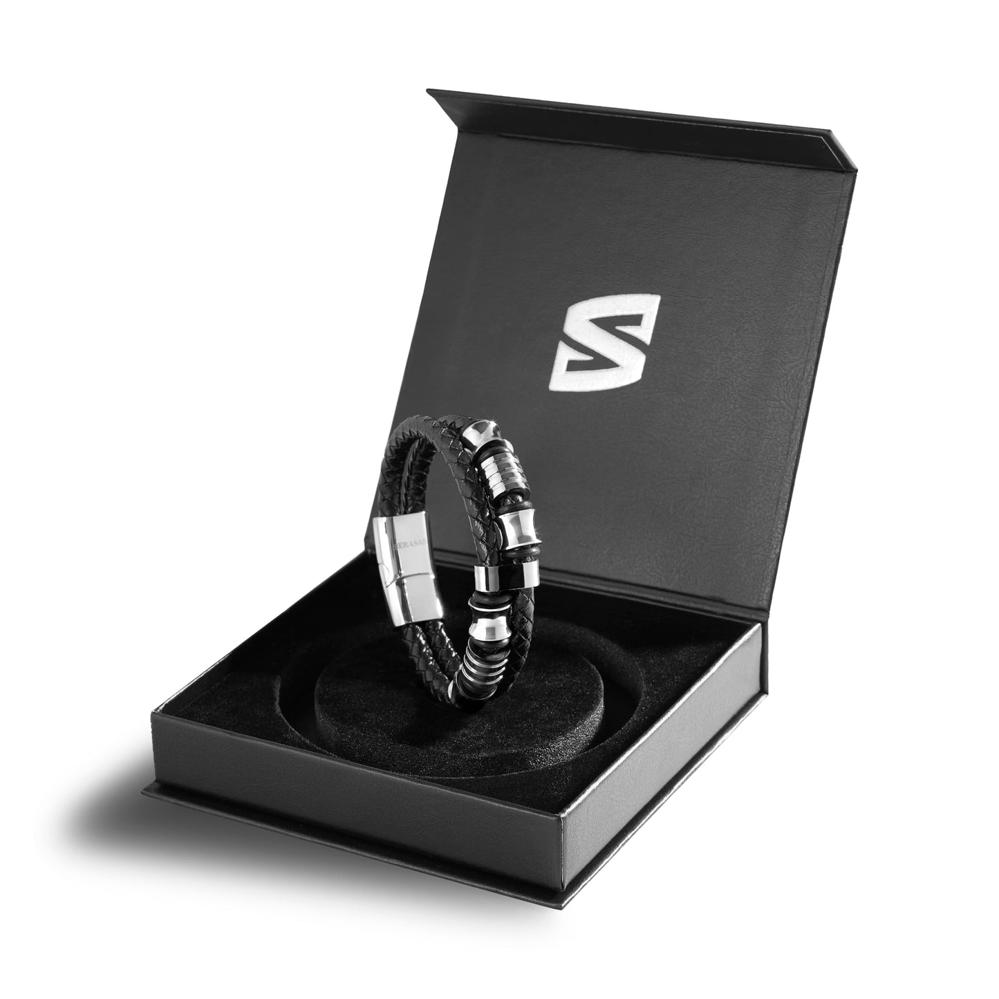 SERASAR 9″ Silver Leather Bracelets for Men Mens Cowhide Gift Box Braided Bracelet Stainless Steel Jewelry Wrist Band Cuff Wrap Rope Bangle Dad Pulseras para Hombres Cuero Regalo