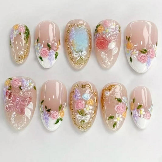 White French Tip Press on Nails Short Oval SWEKKE Fake Nails Floral False Nails with Gold Curve Line Rose Bow Pearls Designs Cute Glossy Glue on Nail Acrylic Nail for Women Girls 24Pcs
