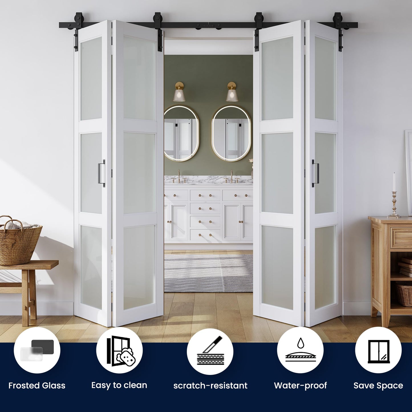 SMARTSTANDARD 48in x 84in Bifold Barn Door, Frosted Glass Barn Door with Hardware Kit Included, Pre-Drilled Holes Easy Assembly -Solid Barn Doors Slab Covered with Water-Proof PVC Surface, White