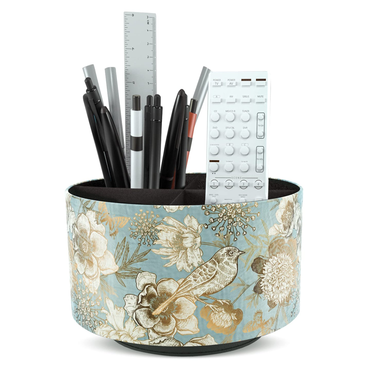 Hennaja Round Leather Art Supply Organizer,Remote Control Holder,360 Degree Rotating,Multi-Functional Pencil Holder,4 Compartments Desktop Stationary Organizer(1-Blue Bird)