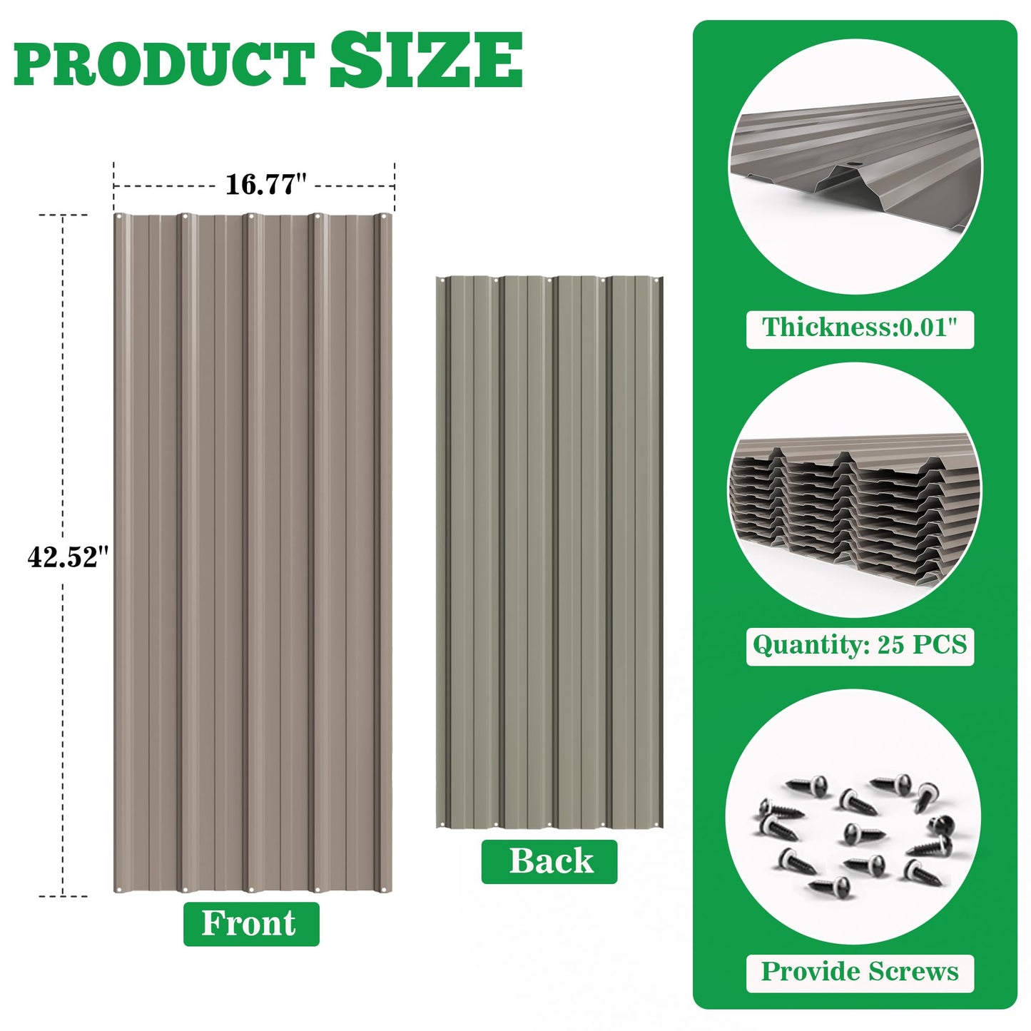 10pcs Metal Roofing Panels, 42.52'' L ×17.72'' W 52.4 ft² Corrugated Metal Sheets, Galvanized Steel Roof Fence Panels for Mobile Homes, Garages, Chicken Coop, Sheds, Stables, Patio, Warm Gray