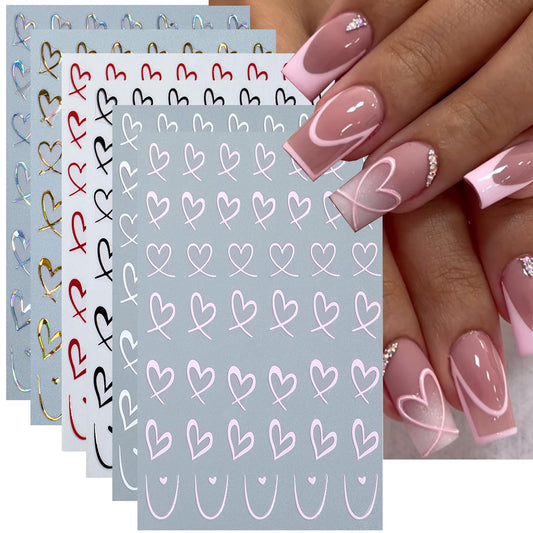 6Pcs Heart Nail Stickers for Nail Art Love Hearts Nail Decals Hollow Love 3D Nail Art French Sticker Self-Adhesive Slider Kawaii Heart-Shaped Manicure Decals Nail Tip for Women Valentine Gift