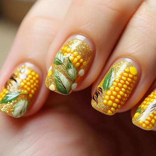 Press on Nails Medium Square Shapes 24Pcs Glossy Full Cover Artificial Glitter Fake Nails with Corn Designs Reusable Coffin Acrylic Fall False Nails Glue on Fingernails with Charm for Women