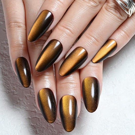 XZMeiLun Cat Eye Orange Brown Press On Nails Almond Medium, Magnetic Acrylic Fake Nails Stylish Design, Salon-Quality Shiny Finish, Reusable Stick On Nails Kit for Women, Daily Wear (No Glue Included)