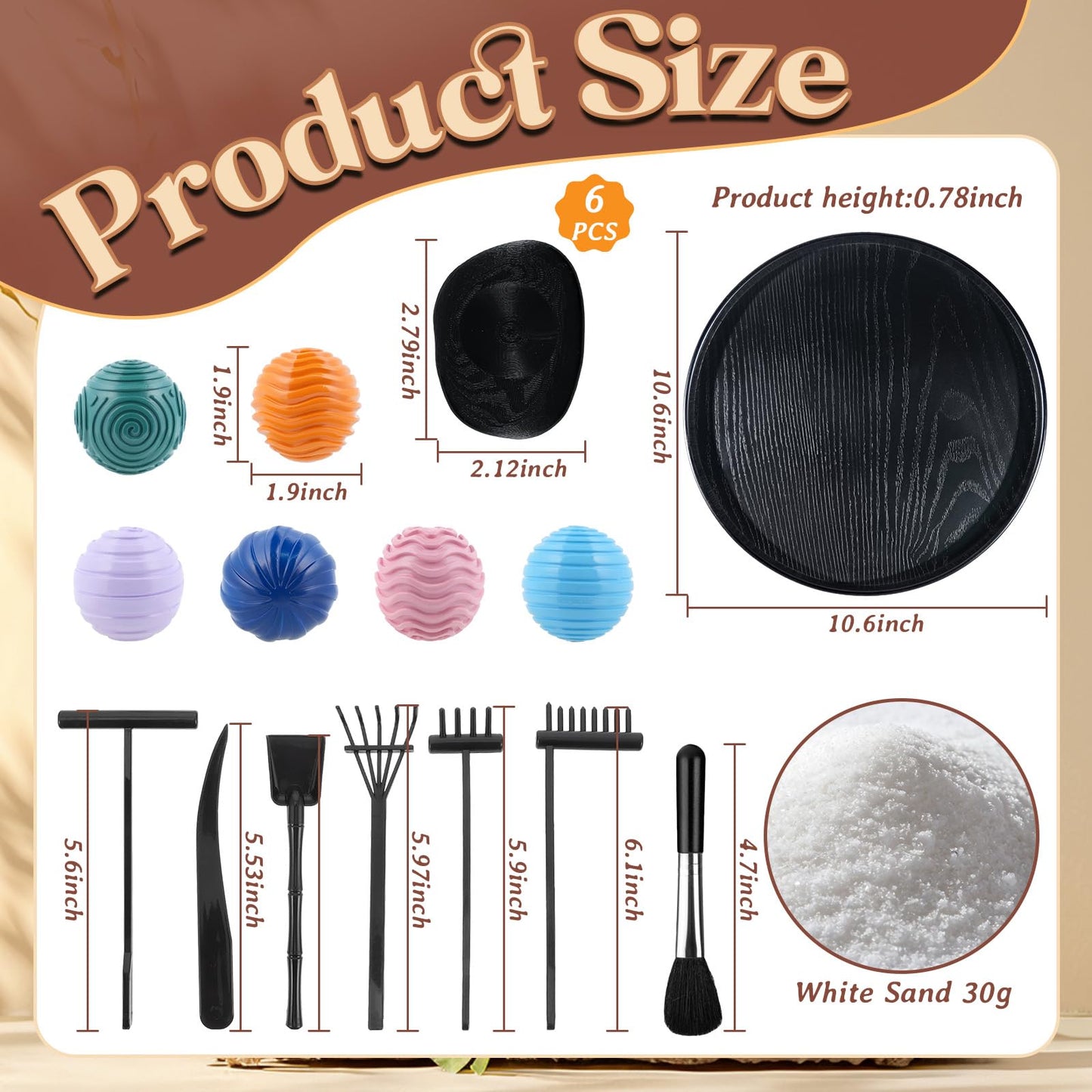 Wowagoga Desk Zen Garden Kit with 6 Textured Sensory Balls, Sand & Tools, Mini Meditation Set for Stress Relief and Desktop Decor