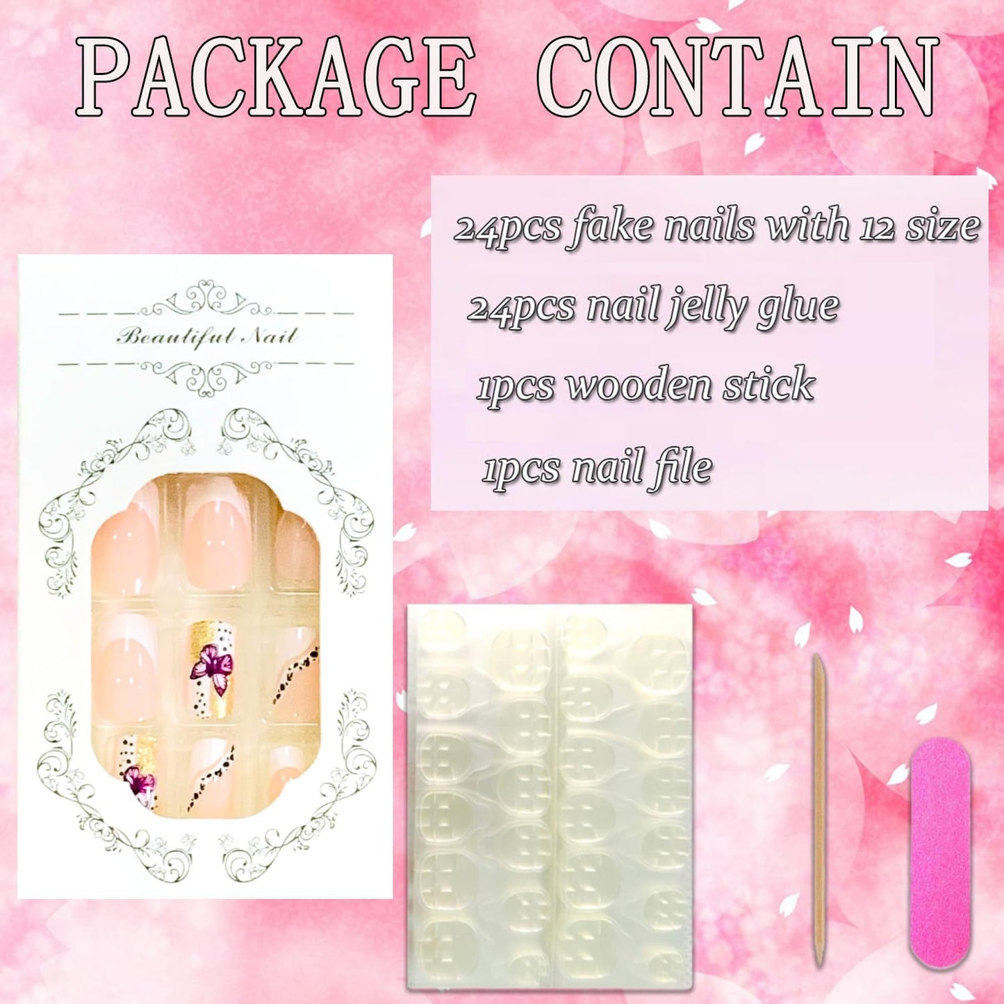 Vezocim French Tips Press on Nails Square Shapes 24Pcs Glossy Full Cover Medium Acrylic Glitter Square False Nails with Butterfly Designs Artificial Coffin Fake Nails Glue ons Fingernails for Women