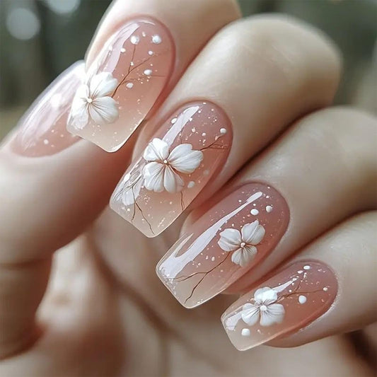Square Press on Nails Medium Fake Nails with White Flower Dot Designs Glossy Nails Press ons Nude Full Cover Glue on Nails Summer Acrylic Artificial Stick on Nails for Women 24Pcs