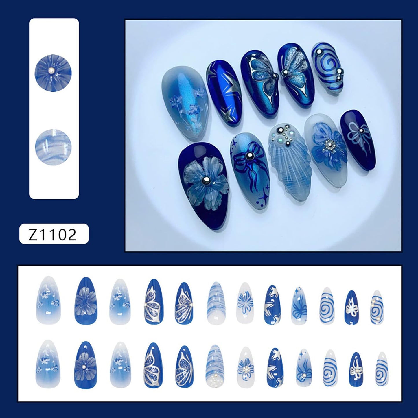 EYZOTSF Press on Almond Nails Medium Length Glossy Full Cover Acrylic Almond Shaped False Nails with Designs Artificial Fake Nail with Charms Glue Stick ons Fingernails for Women Girls(Z1102)