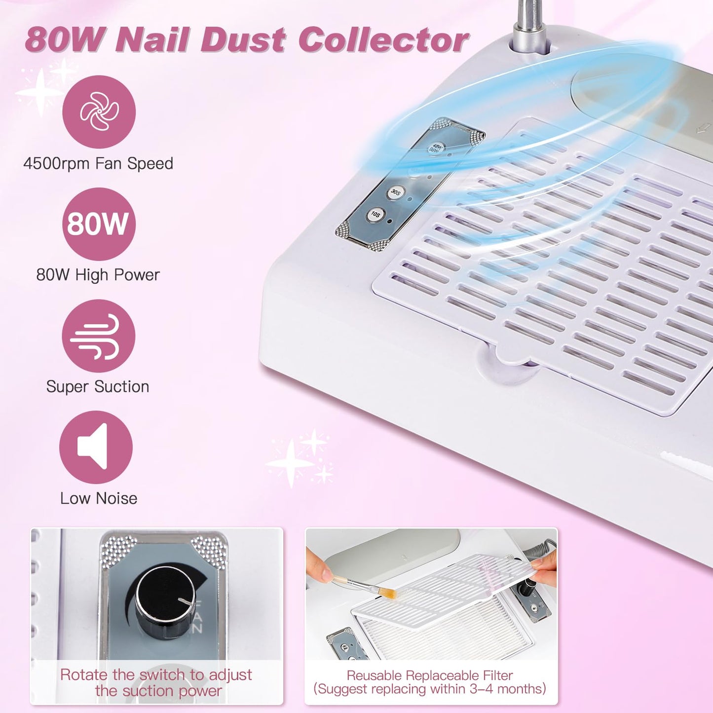 Biutee Nail Dust Collector 5 in 1 80W Nail Vacuum Dust Collector Extractor Professional 30000rpm Electric Nail Drill Machine with 48W/96W UV LED Nail Lamp Nail Art Tool With LED Light