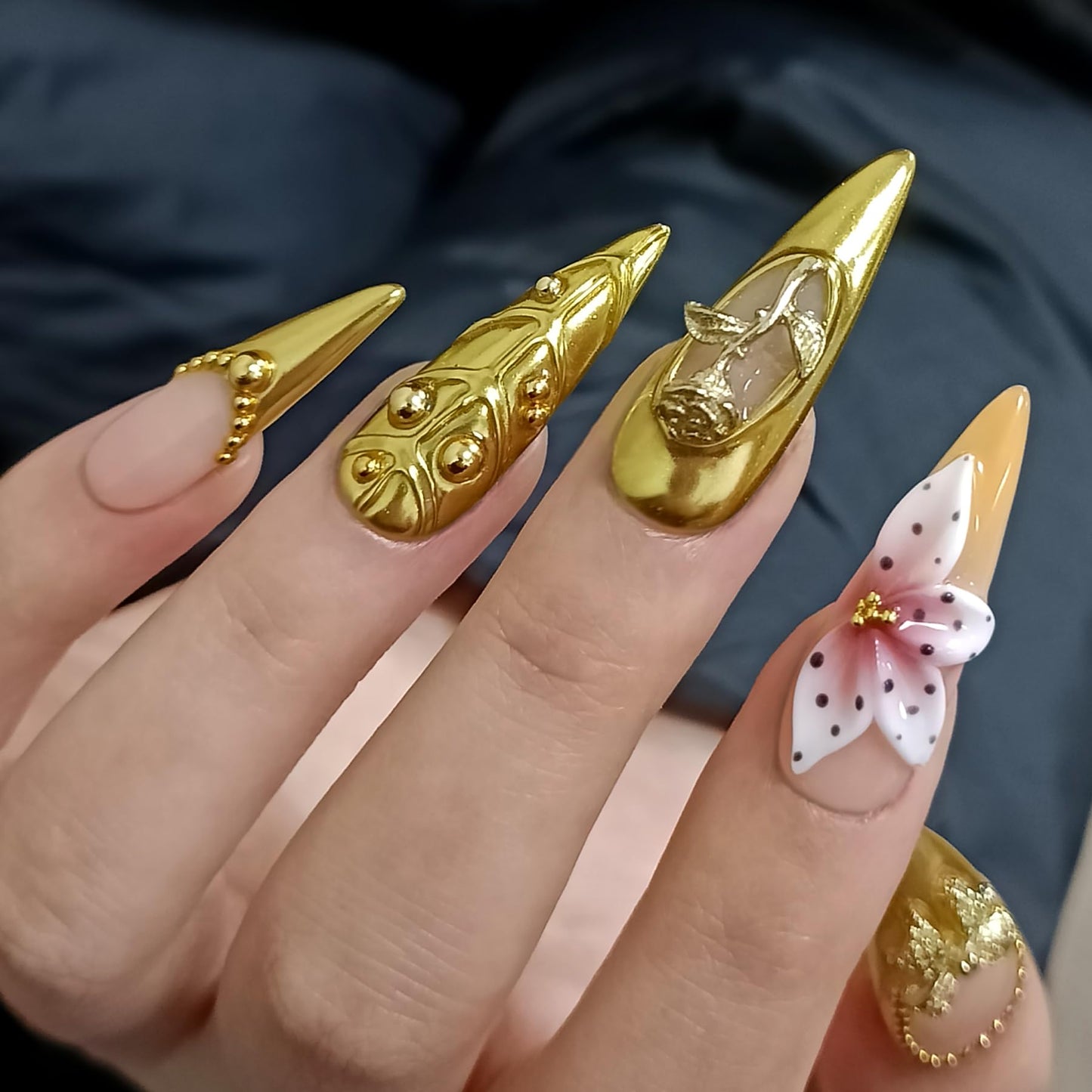 TENPAL Long Stiletto Press on Nails - Gold Baroque with 3D Rose & Saint Charms | Reusable & Icy False Nails | Royal Gala Style for Grand Events(L)
