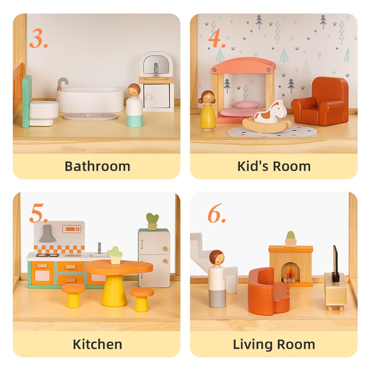 OOOK Large Wooden Dollhouse with 42 Pcs Luxurious Furniture Accessories, 3-Story Doll House 6 Rooms Balcony Wooden Stairs, Ideal Modern Doll House for 3 Year Old