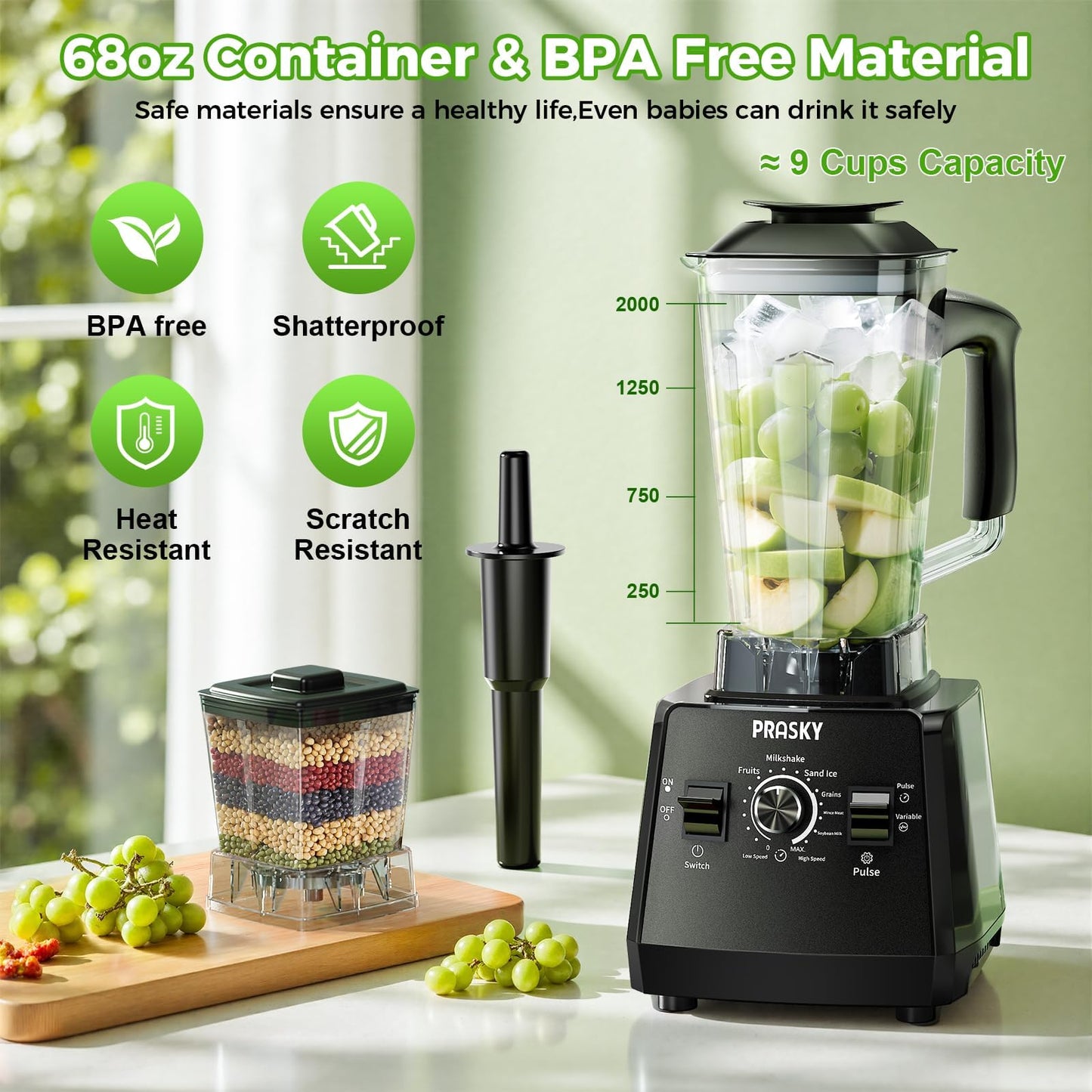 Blender, Smoothie Blenders, PRASKY Max.2400Watts/1000Watts Kitchen Blender and Grinder Combo 25000RPM Powerful Kitchen 68oz BPA Free 2 Containers Countertop Blenders Ice Crushing