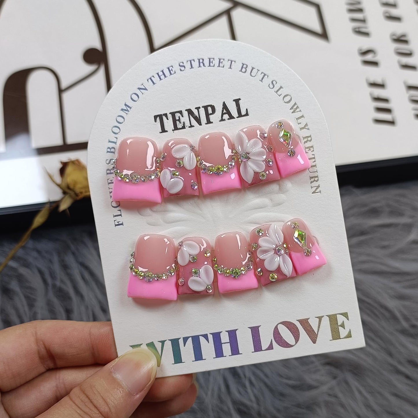 TENPAL Duckbill Shape Handmade Press On Nails Kit,Pink French Floral Nails with 3D Flowers Diamond Designs,Glazed Donut Nude Pink Fake Nails with Tools,Elegant French Tip Duckbill Nails with Gems(S)