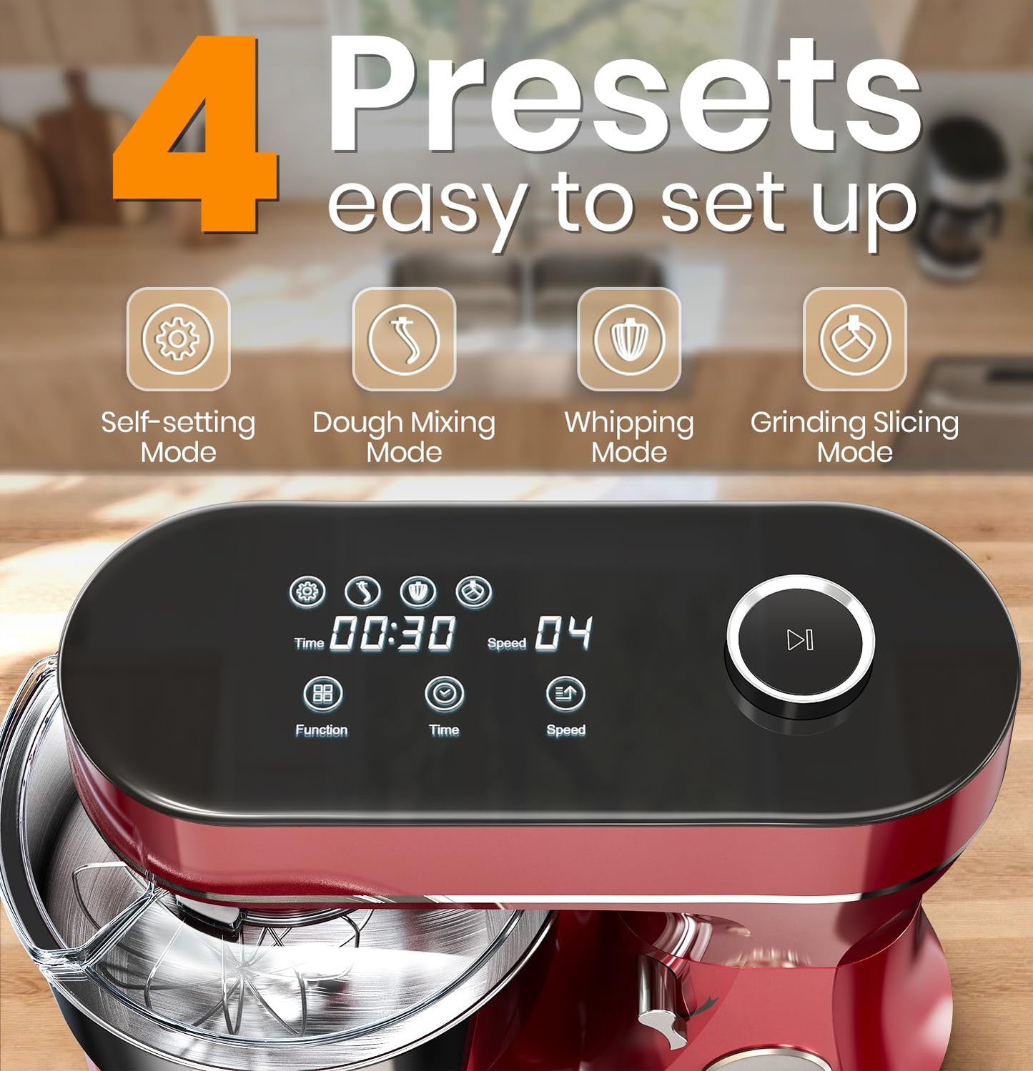 Bonnor Stand Mixer Set, 6QT Kitchen Mixer with LED Touchscreen, 11-Speed Tilt-Head Mixer with Timer, 4 Preset Menus, Stainless Steel Bowl, Hook, Whisk, Beater,Plus 2QT Ice Cream Maker Attachment,Red