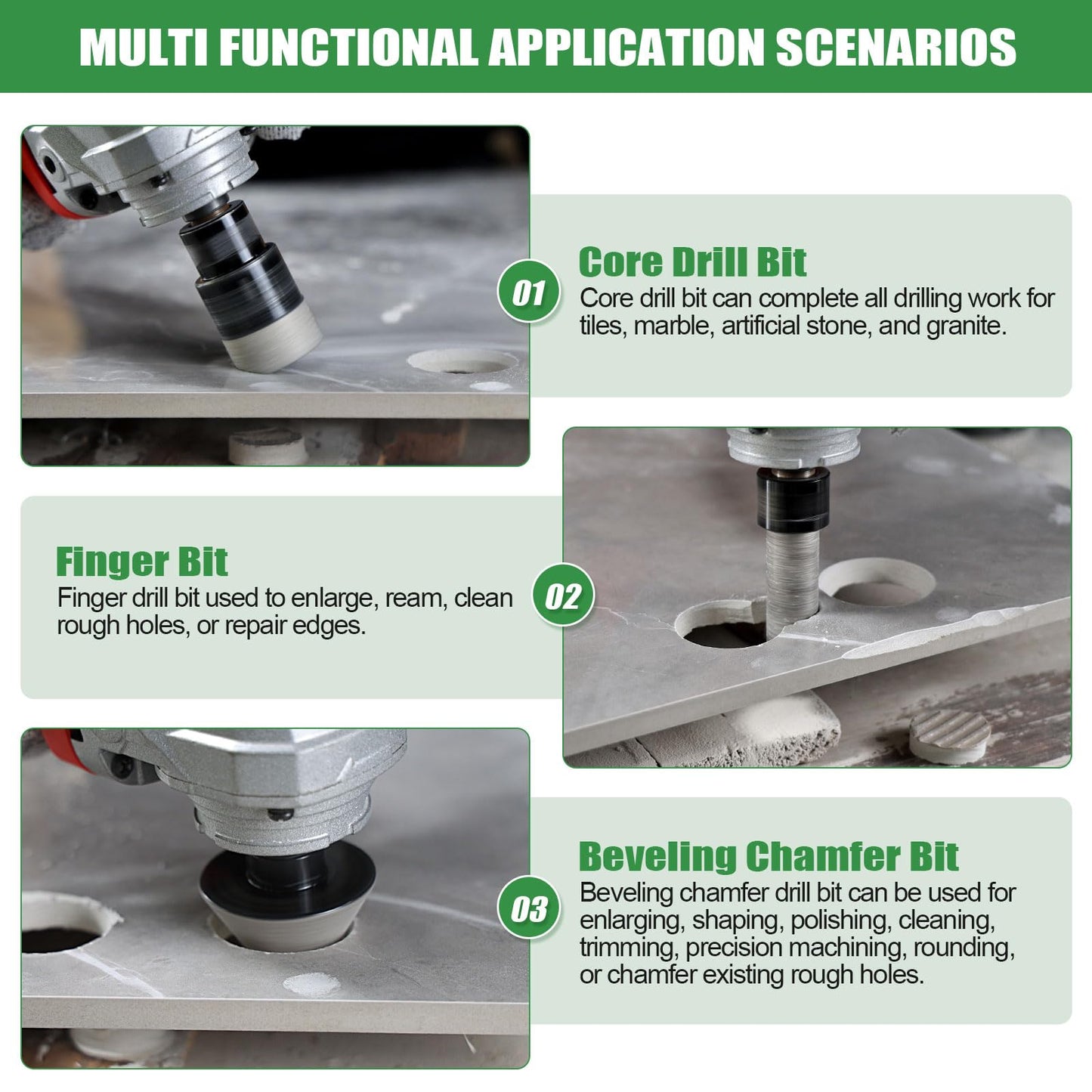 Diamond Hole Saw Kit Tile Drill Bits, 11 PCS Diamond Core Drill Bits Set 6/8/10/19/25/35/51/65mm+50mm Chamfer Saw +20mm Finger Bit+SDS Adapter Porcelain Hollow Drill Hole Saw for Ceramic, Granite
