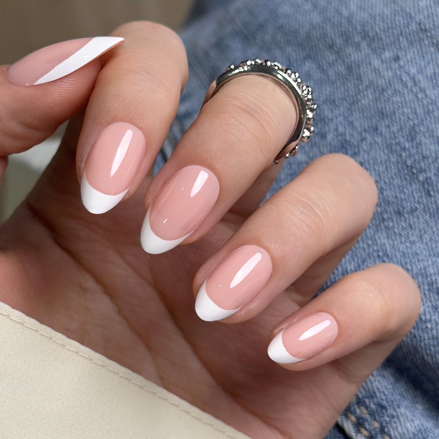 CurvLife Press On Nails Medium Almond White French Tip, Nude Pink Soft Gel Glossy Fake Nails, Reusable Durable Salon-Style Manicure for Women Teens Beginners, 30pcs, Daily Wear for Work Party