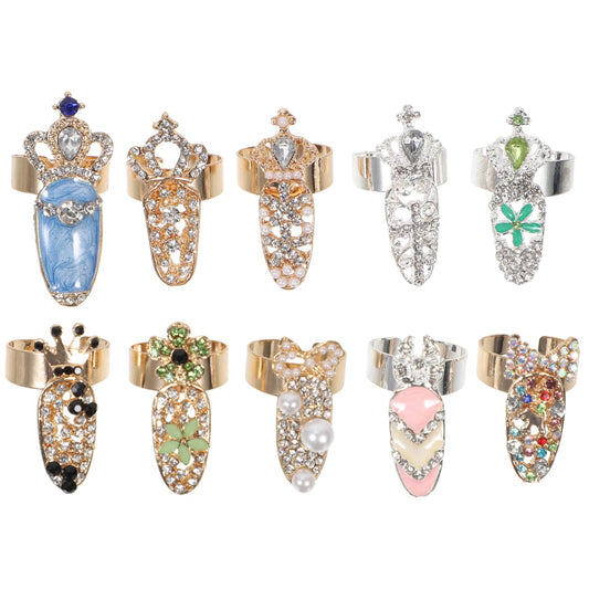 KALLORY 10pcs Ring Punk Full Finger for Flower Crystal Rings Nails Art Jewelries Opening Cap Fingernail Alloy Cover Halloween Christmas Nail Loop Girls Bow Tip Decoration